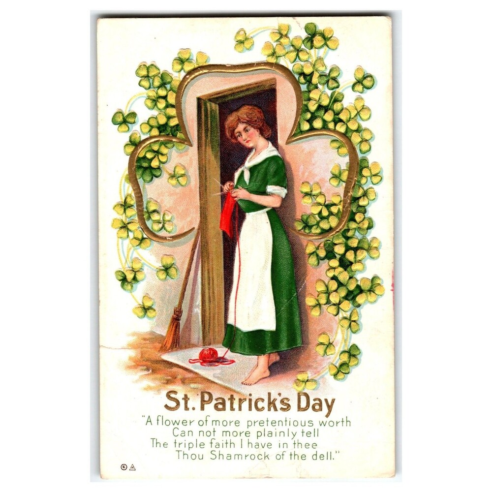 Vintage St. Patrick's Day Woman Knitting Shamrock Embossed Postcard